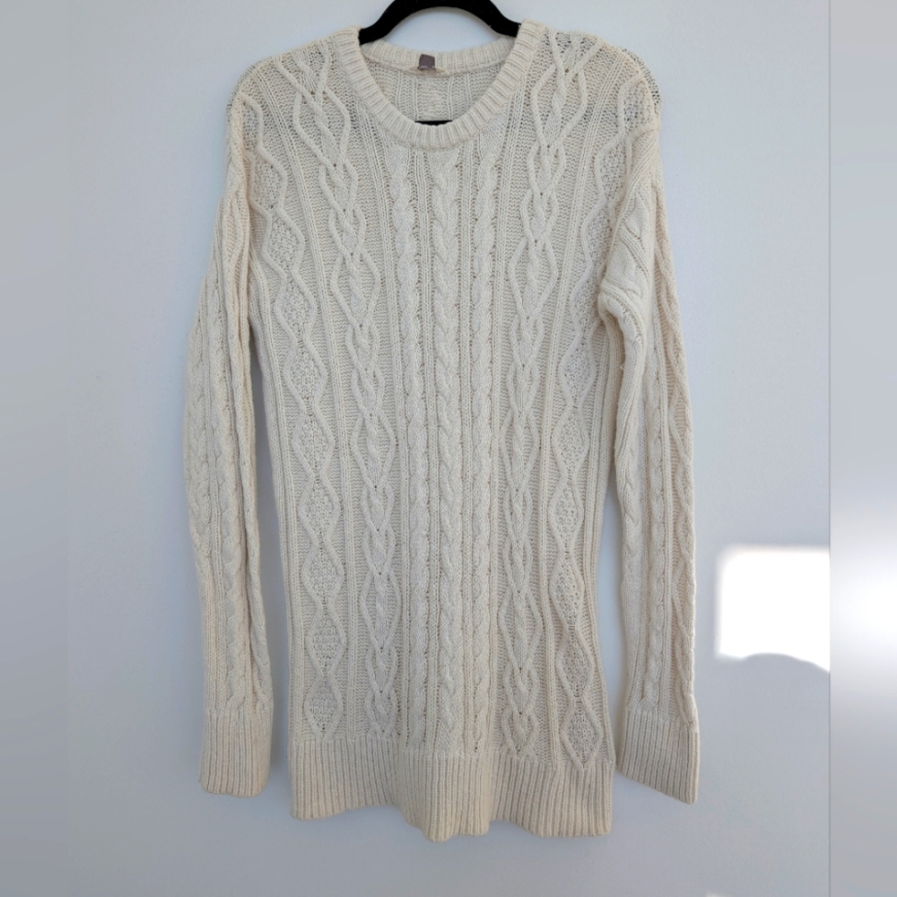 Fossil Fisherman Cable Knit Long Cream Crewneck Sweater Sz M Angora Mix
